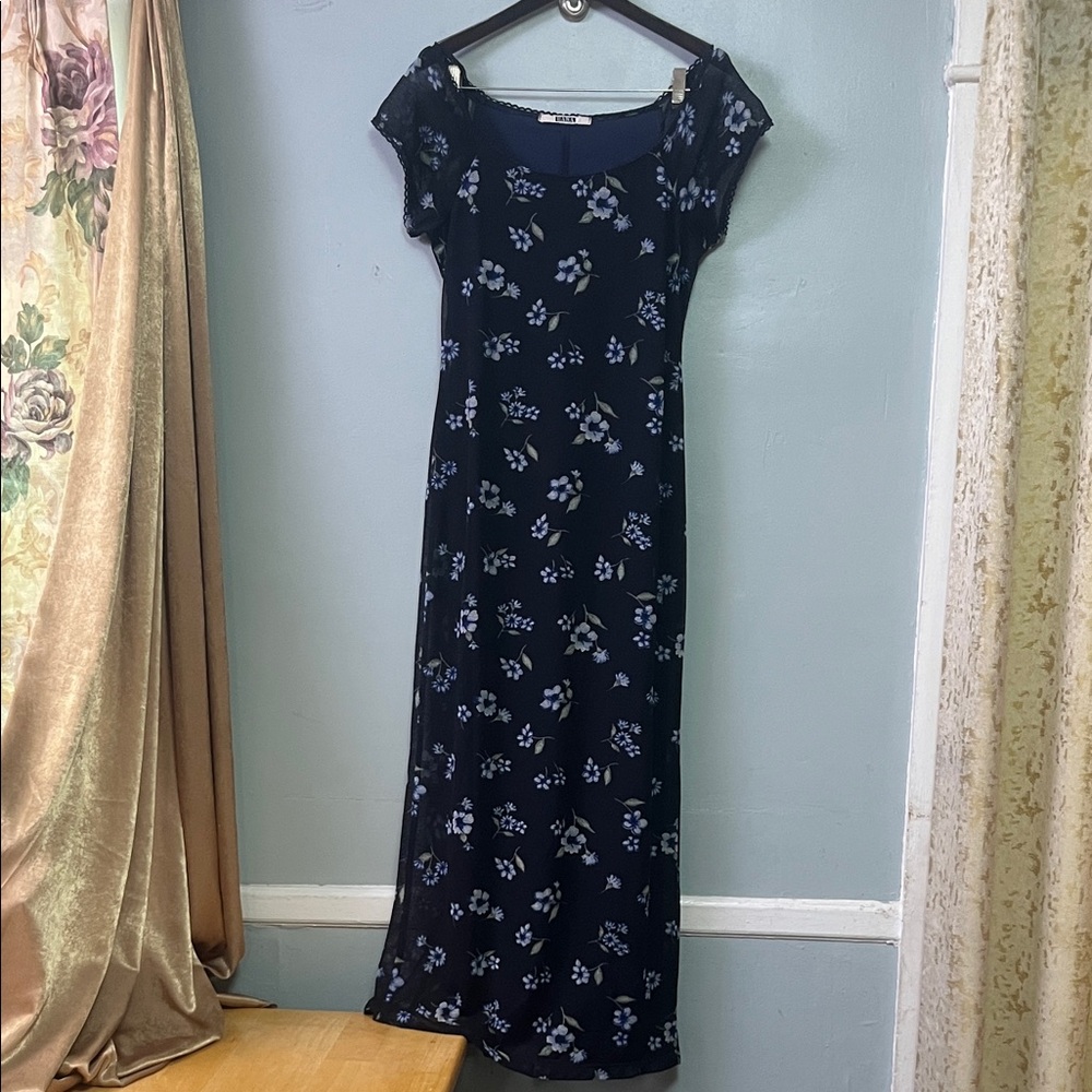 Vintage Hana Navy Blue Floral Maxi Dress